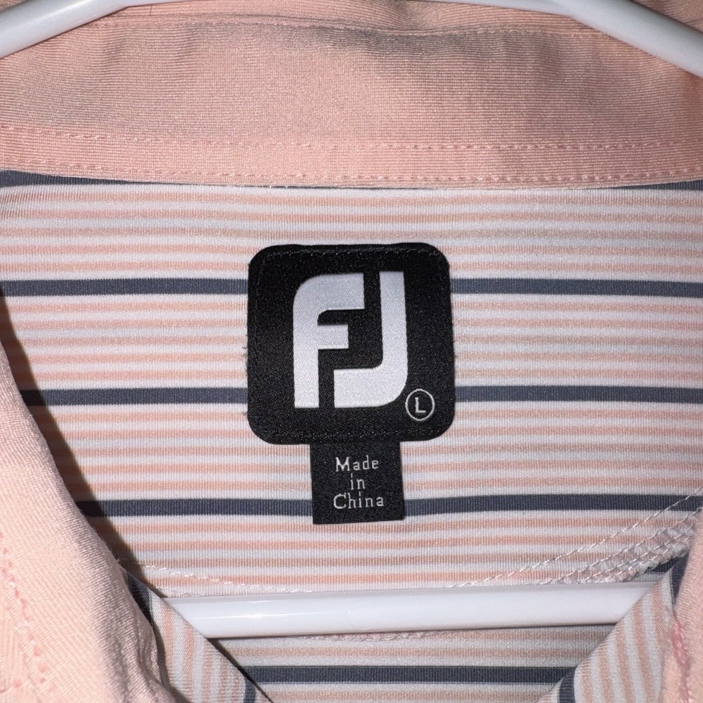 Men's Large FootJoy Pink White Blue Striped Performance Golf Polo Shirt Logo - Picture 2 of 4